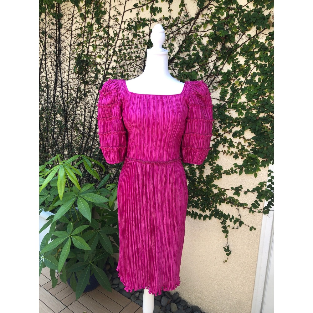 Mary McFadden fortuny pleats plisse magenta fuchsia midi half sleeve dress